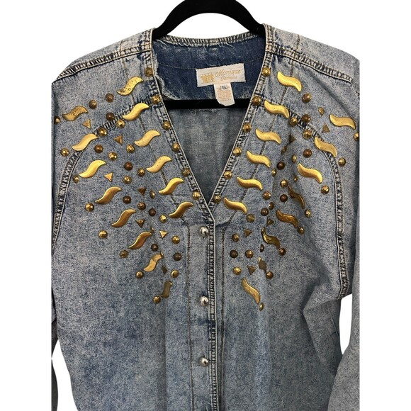 Monique Fashions 80s Acid Washed Blue Denim Gold Stud Shirt Jacket  13/14 - Picture 2 of 10